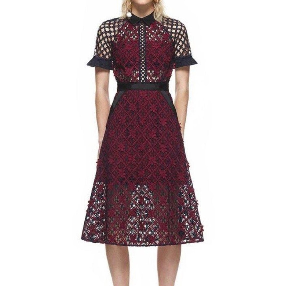 Self-Portrait Floral Grid Midi Dress Lace Collared